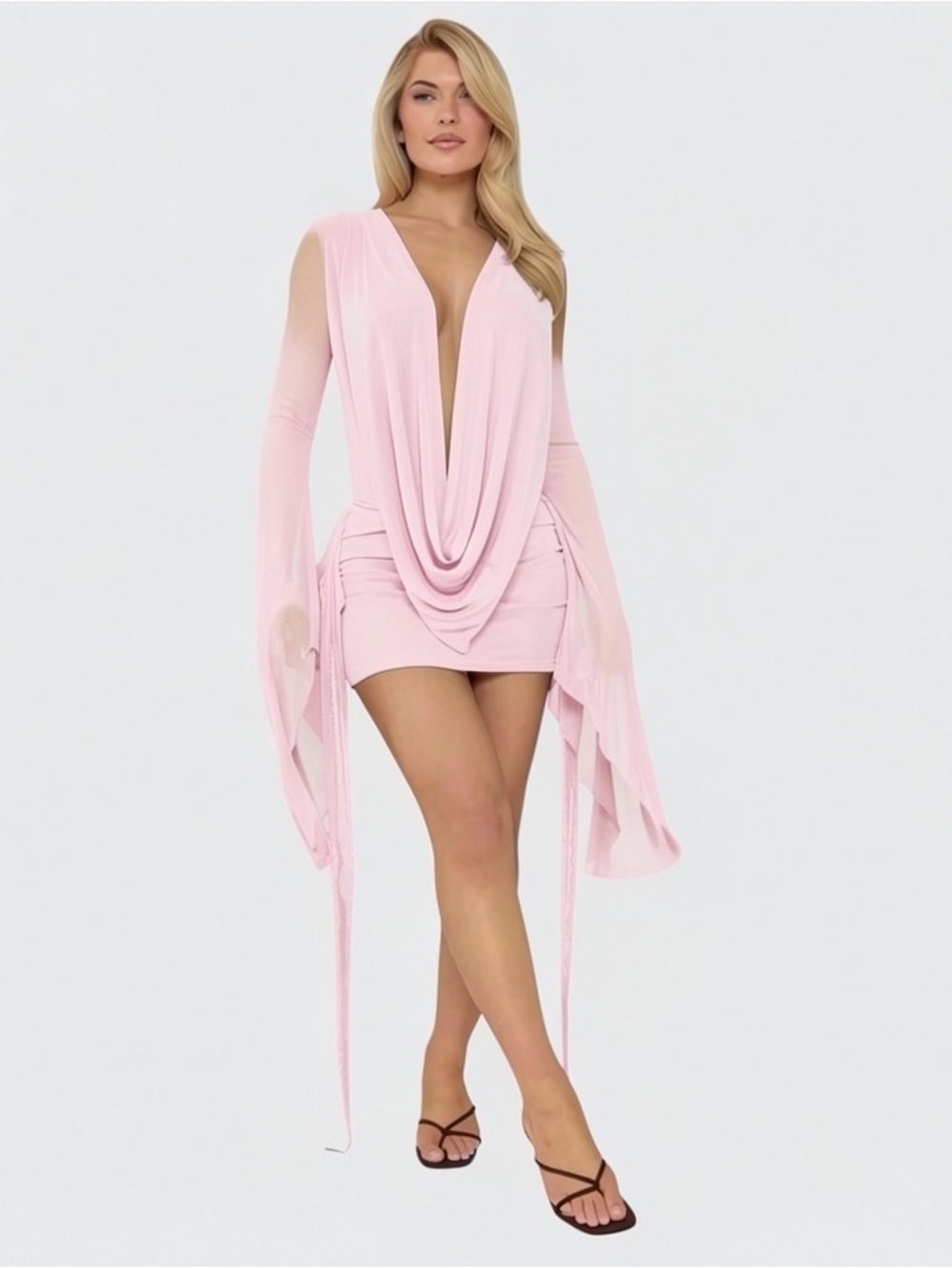 Sheer Mesh Mini Dress Pink Dramatic Sexy Exaggerated Sleeve Open Back Size-S NIB